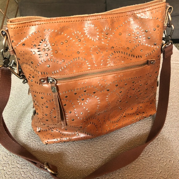 The Sak Handbags - The Sak Large Brown Leather Perforated Metal Stud Satchel Cross Body Purse Bag